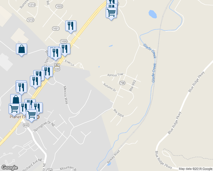 map of restaurants, bars, coffee shops, grocery stores, and more near 3765 Autumn Drive in Roanoke