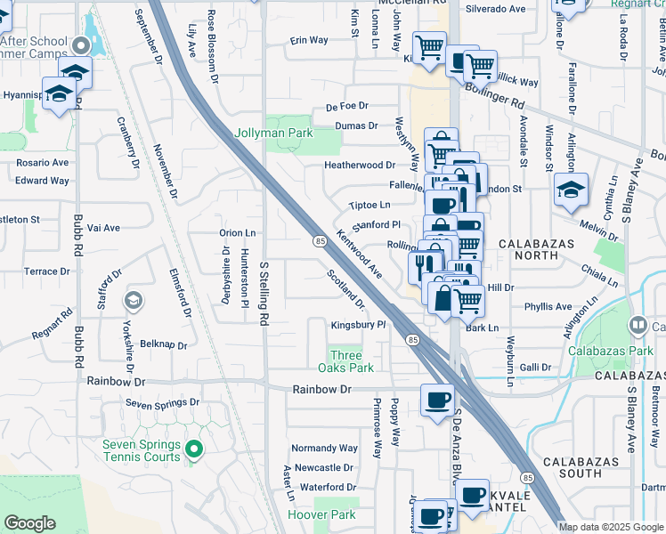 map of restaurants, bars, coffee shops, grocery stores, and more near 1118 Scotland Drive in Cupertino