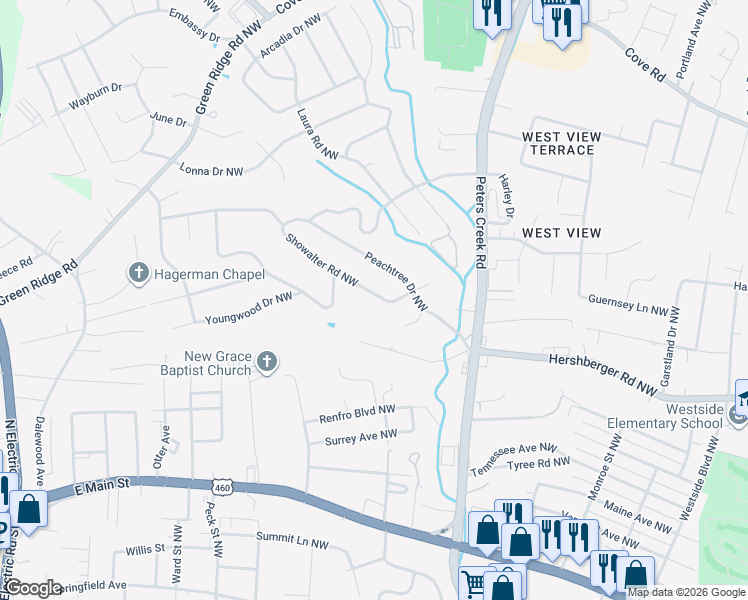 map of restaurants, bars, coffee shops, grocery stores, and more near 4736 Showalter Road Northwest in Roanoke
