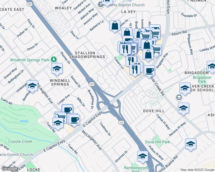 map of restaurants, bars, coffee shops, grocery stores, and more near 3327 Shadow Park Place in San Jose