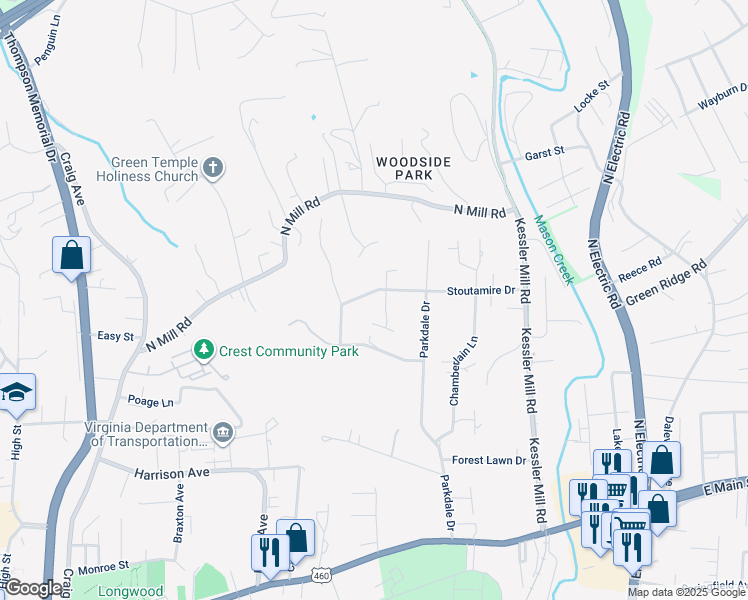 map of restaurants, bars, coffee shops, grocery stores, and more near 1100 Stoutamire Drive in Salem