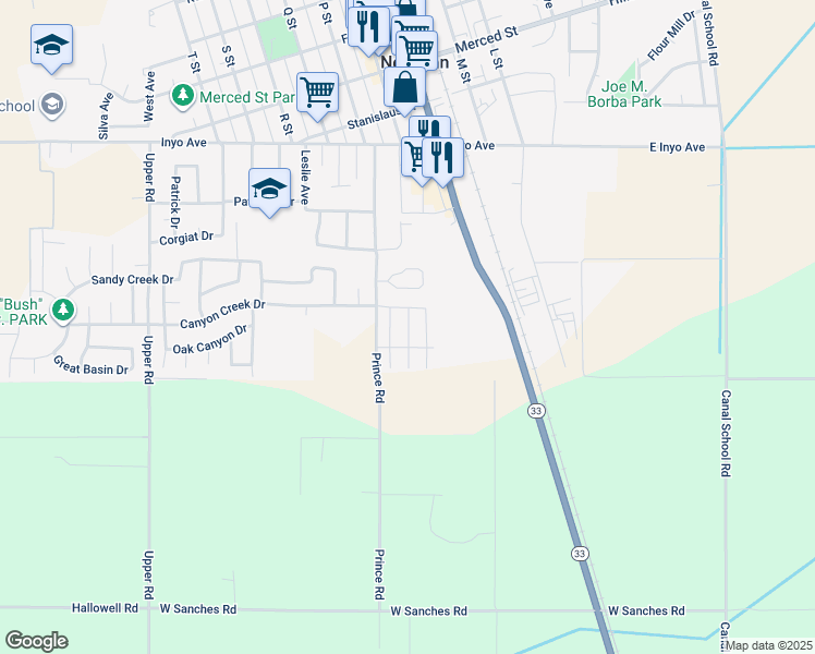map of restaurants, bars, coffee shops, grocery stores, and more near 28942-29204 Prince Road in Newman