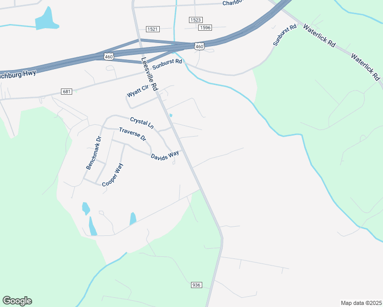 map of restaurants, bars, coffee shops, grocery stores, and more near 17771 Leesville Road in Evington