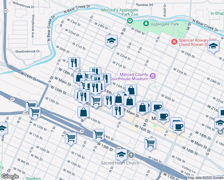 map of restaurants, bars, coffee shops, grocery stores, and more near 1006 West 18th Street in Merced