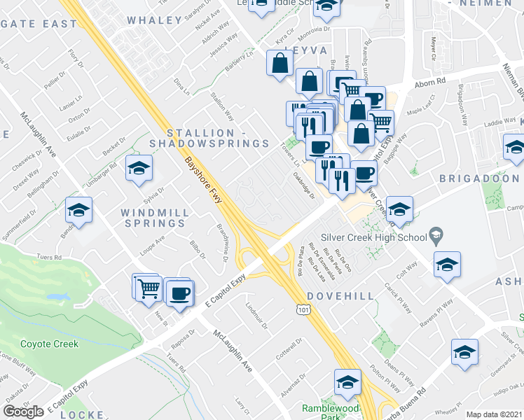 map of restaurants, bars, coffee shops, grocery stores, and more near 3327 Shadow Park Place in San Jose