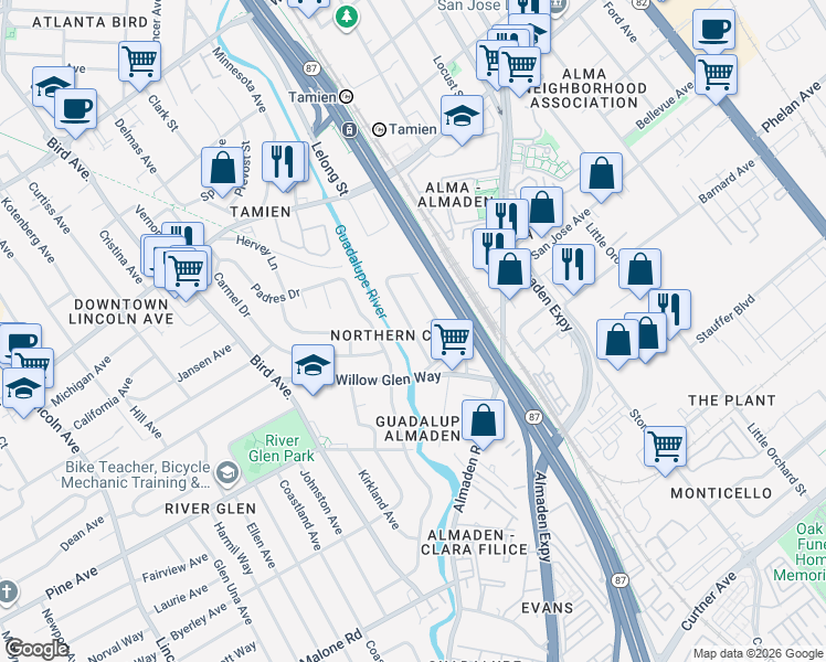 map of restaurants, bars, coffee shops, grocery stores, and more near 1641 Mackey Avenue in San Jose