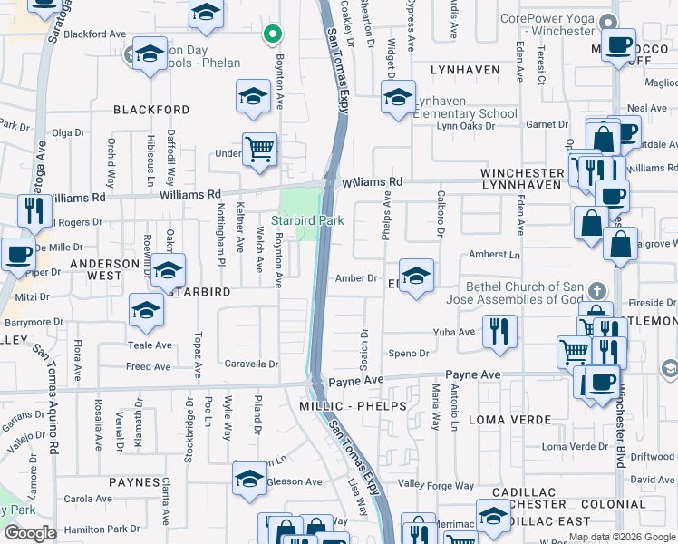 map of restaurants, bars, coffee shops, grocery stores, and more near 3598 Amber Drive in San Jose