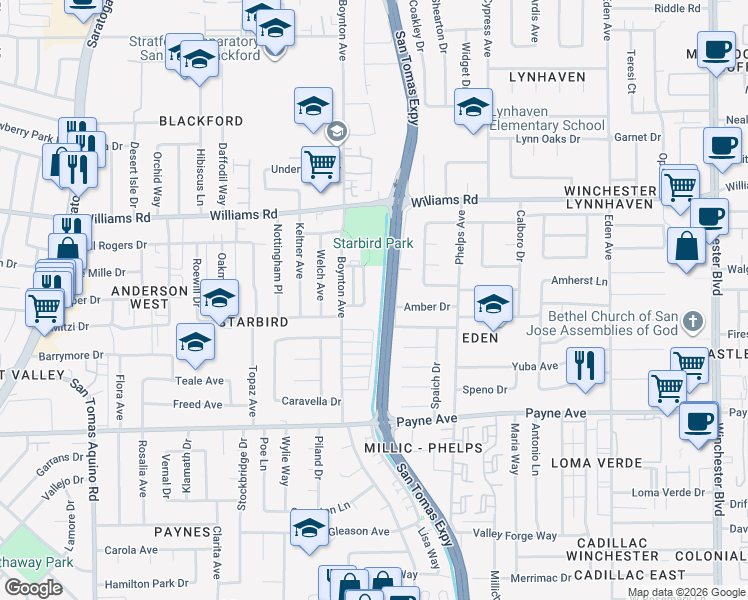 map of restaurants, bars, coffee shops, grocery stores, and more near 1136 Starbird Circle in San Jose
