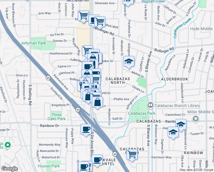 map of restaurants, bars, coffee shops, grocery stores, and more near 1111 Weyburn Lane in San Jose