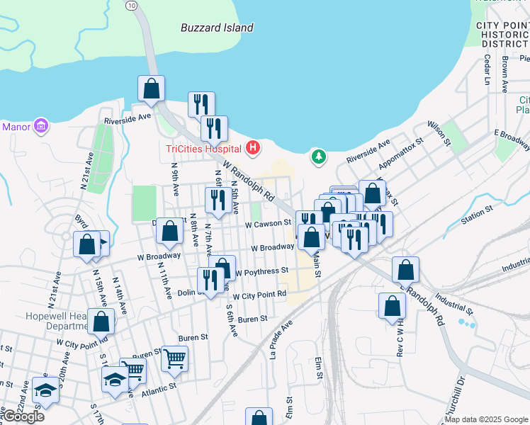 map of restaurants, bars, coffee shops, grocery stores, and more near 401 North 3 1/2 Avenue in Hopewell