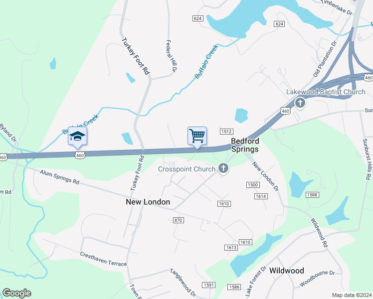 map of restaurants, bars, coffee shops, grocery stores, and more near 20319 Lynchburg Highway in Lynchburg