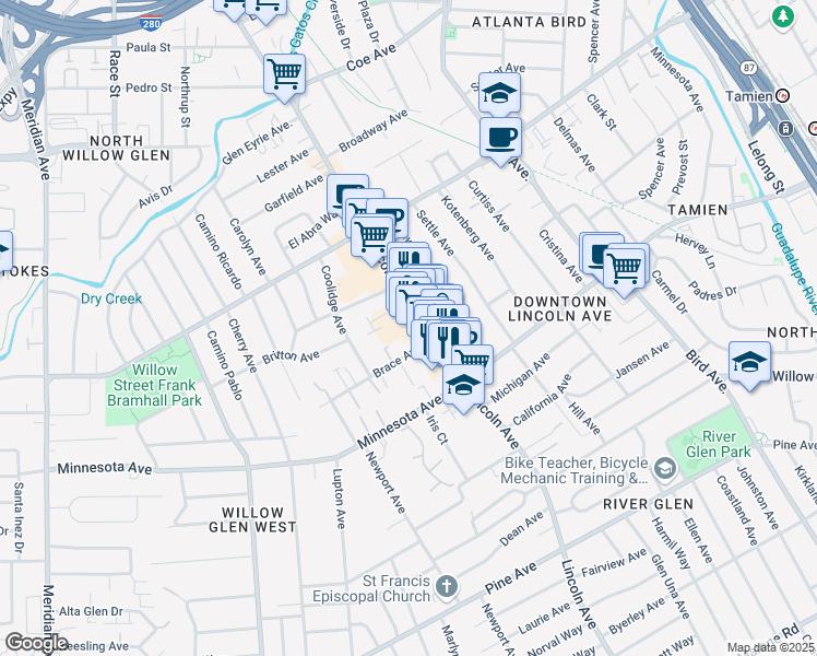 map of restaurants, bars, coffee shops, grocery stores, and more near 1261 Lincoln Avenue in San Jose