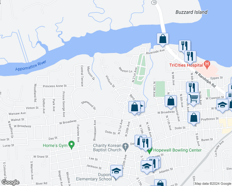 map of restaurants, bars, coffee shops, grocery stores, and more near 502 Victoria Street in Hopewell