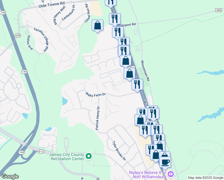 map of restaurants, bars, coffee shops, grocery stores, and more near 300 Patriot Lane in Williamsburg