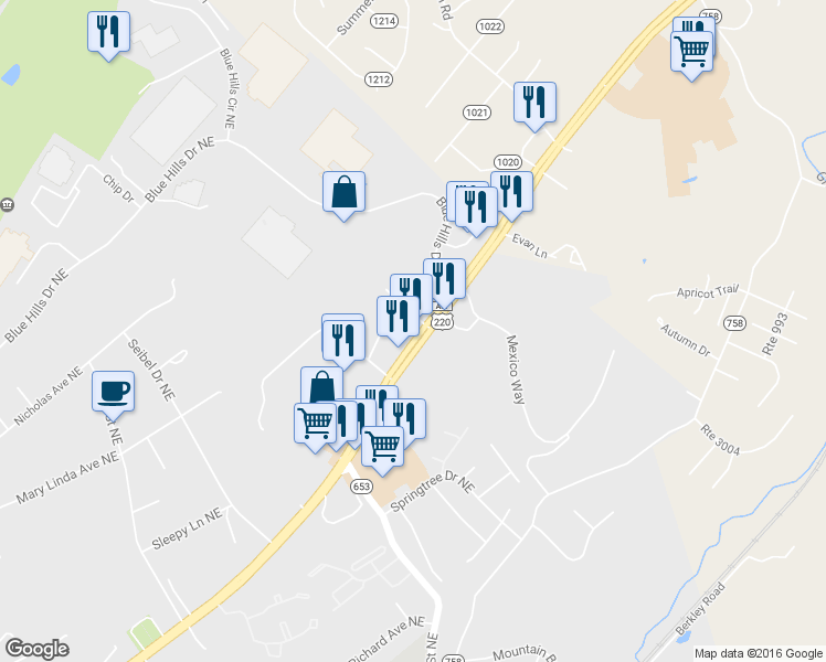 map of restaurants, bars, coffee shops, grocery stores, and more near 3530 Orange Avenue Northeast in Roanoke