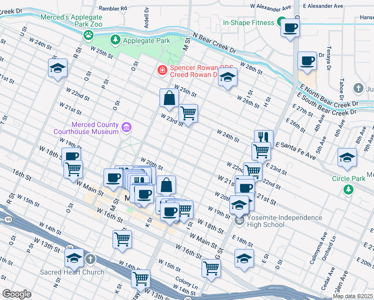 map of restaurants, bars, coffee shops, grocery stores, and more near 352 West 22nd Street in Merced