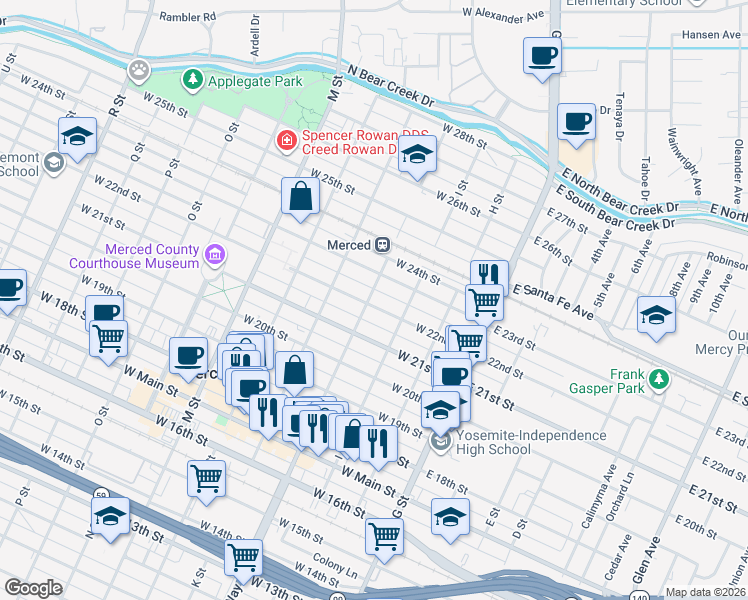 map of restaurants, bars, coffee shops, grocery stores, and more near 255 West 22nd Street in Merced