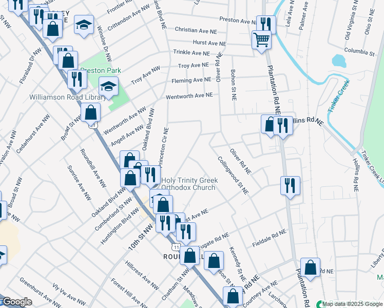 map of restaurants, bars, coffee shops, grocery stores, and more near 205 Huntington Boulevard Northeast in Roanoke