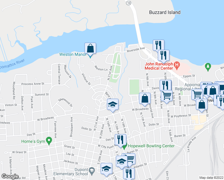 map of restaurants, bars, coffee shops, grocery stores, and more near 209 Woodbine Street in Hopewell