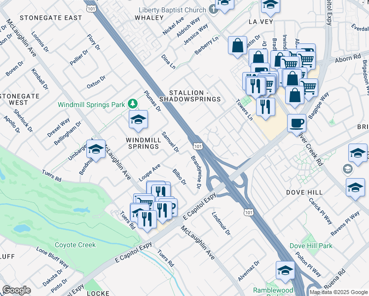 map of restaurants, bars, coffee shops, grocery stores, and more near 1346 Loupe Avenue in San Jose