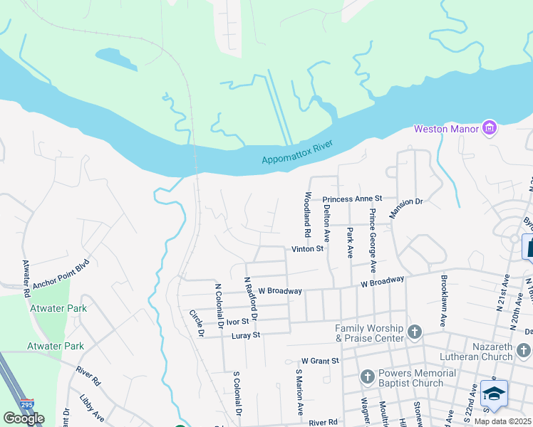 map of restaurants, bars, coffee shops, grocery stores, and more near 104 Peter Francisco Drive in Hopewell