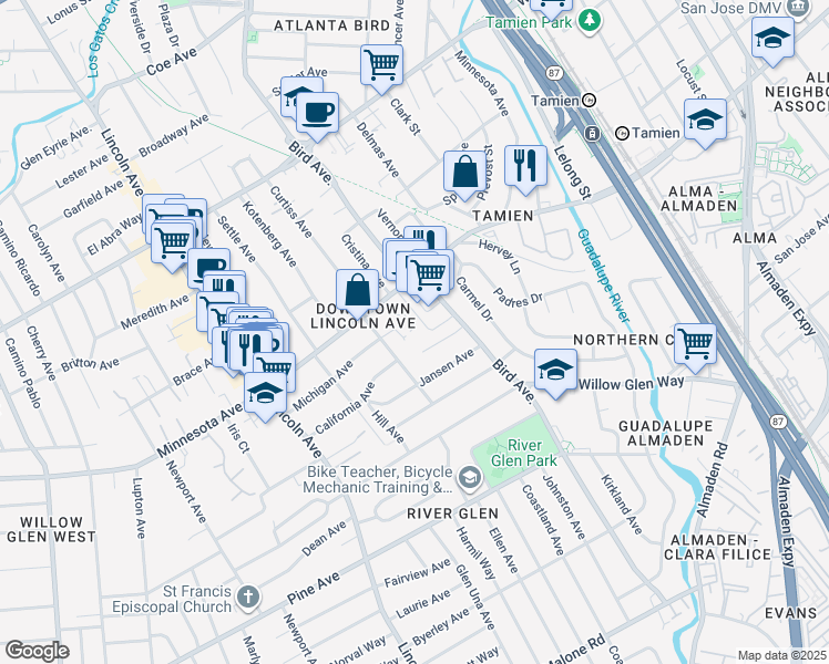 map of restaurants, bars, coffee shops, grocery stores, and more near 852 Minnesota Avenue in San Jose