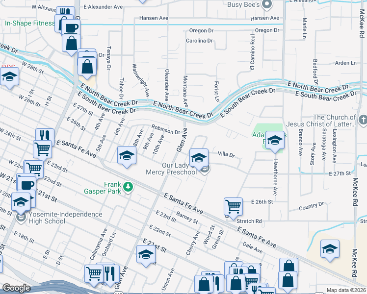map of restaurants, bars, coffee shops, grocery stores, and more near 2720 Glen Avenue in Merced
