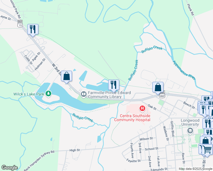 map of restaurants, bars, coffee shops, grocery stores, and more near 106 Russells Way in Farmville