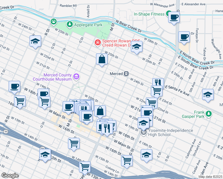 map of restaurants, bars, coffee shops, grocery stores, and more near 329 West 21st Street in Merced