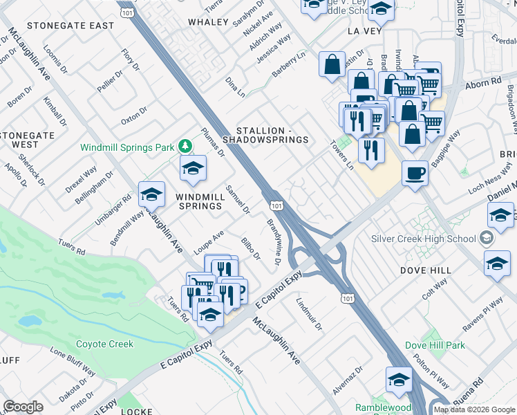 map of restaurants, bars, coffee shops, grocery stores, and more near 1346 Loupe Avenue in San Jose