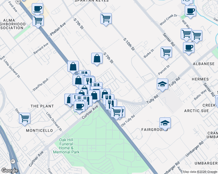 map of restaurants, bars, coffee shops, grocery stores, and more near 2150 Monterey Highway in San Jose