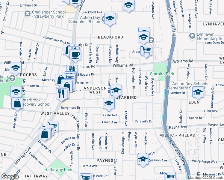 map of restaurants, bars, coffee shops, grocery stores, and more near 1137 Roewill Drive in San Jose