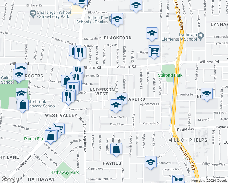 map of restaurants, bars, coffee shops, grocery stores, and more near 1137 Roewill Drive in San Jose