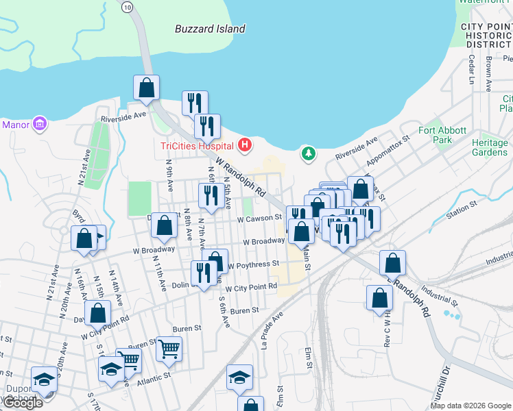 map of restaurants, bars, coffee shops, grocery stores, and more near 401 North 3 1/2 Avenue in Hopewell