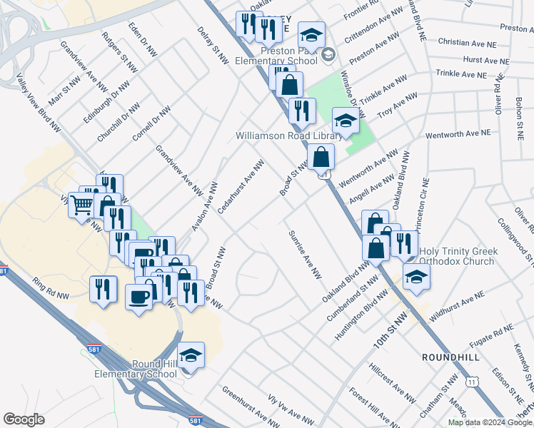 map of restaurants, bars, coffee shops, grocery stores, and more near 2625 Broad Street Northwest in Roanoke