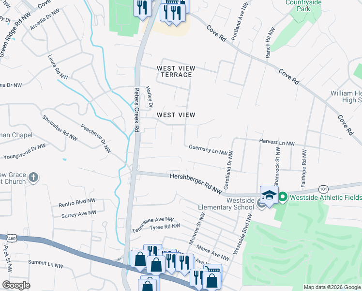 map of restaurants, bars, coffee shops, grocery stores, and more near 4142 Guernsey Ln NW in Roanoke