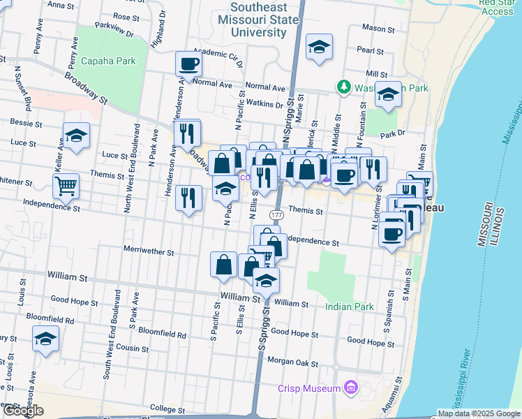 map of restaurants, bars, coffee shops, grocery stores, and more near 13 North Sprigg Street in Cape Girardeau