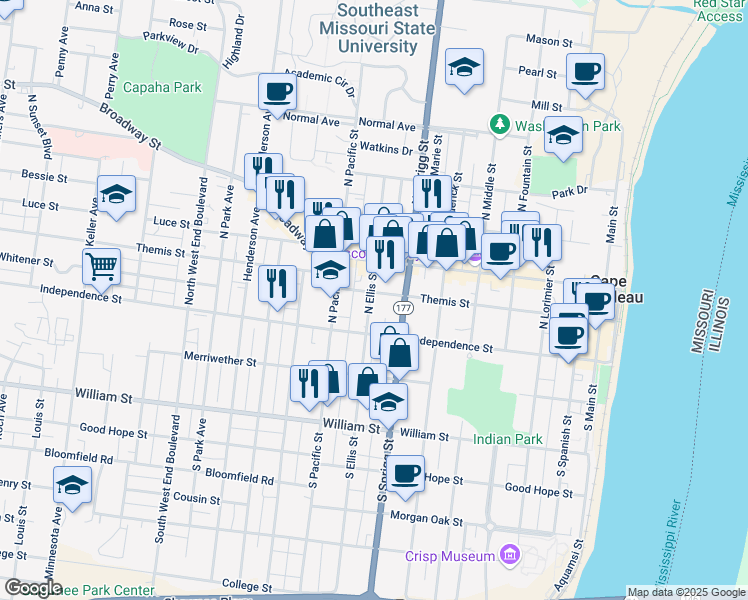 map of restaurants, bars, coffee shops, grocery stores, and more near 13 North Sprigg Street in Cape Girardeau