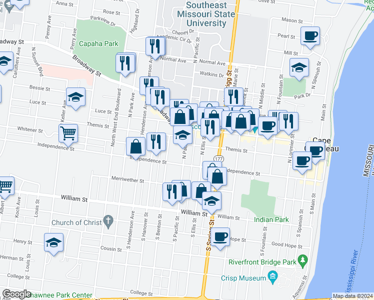 map of restaurants, bars, coffee shops, grocery stores, and more near 21 North Ellis Street in Cape Girardeau