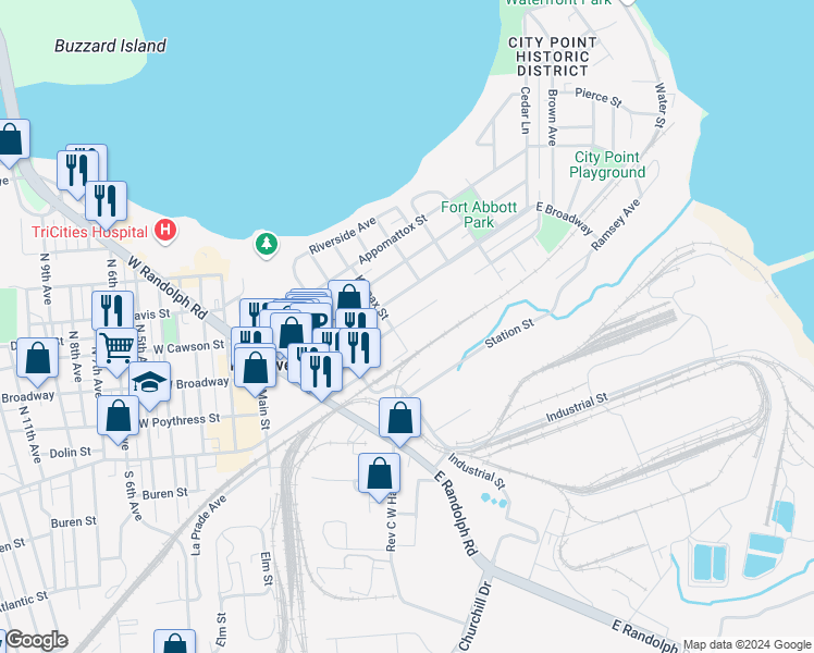 map of restaurants, bars, coffee shops, grocery stores, and more near 404 East Poythress Street in Hopewell