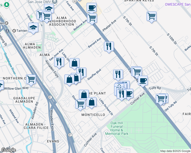 map of restaurants, bars, coffee shops, grocery stores, and more near 198 Stauffer Boulevard in San Jose
