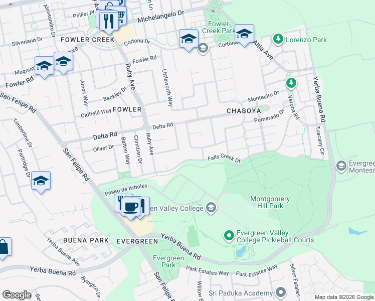 map of restaurants, bars, coffee shops, grocery stores, and more near 3155 Falls Creek Drive in San Jose