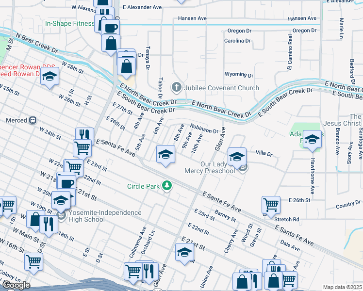 map of restaurants, bars, coffee shops, grocery stores, and more near 2635 9th Avenue in Merced