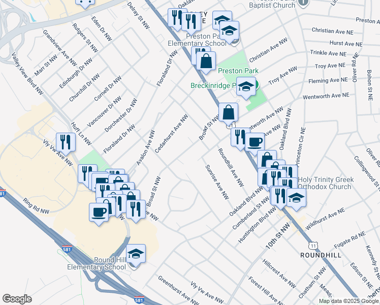 map of restaurants, bars, coffee shops, grocery stores, and more near 2703 Broad Street Northwest in Roanoke