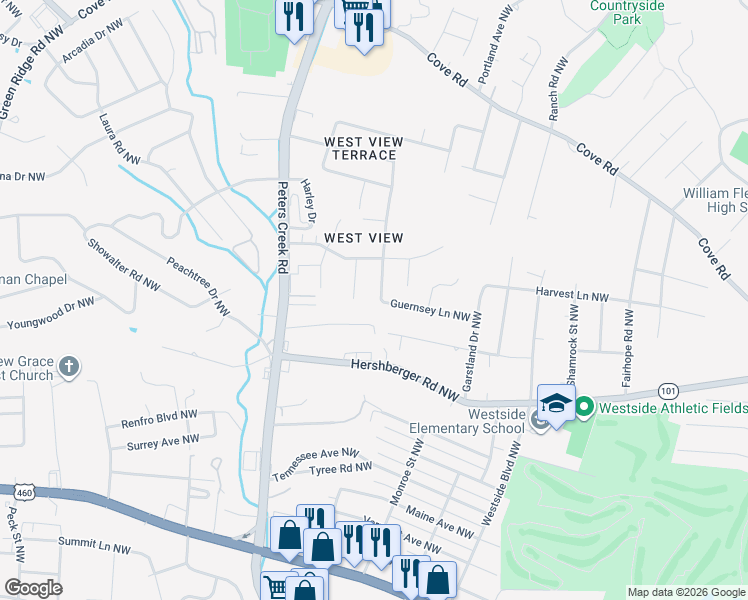 map of restaurants, bars, coffee shops, grocery stores, and more near 4142 Guernsey Ln NW in Roanoke