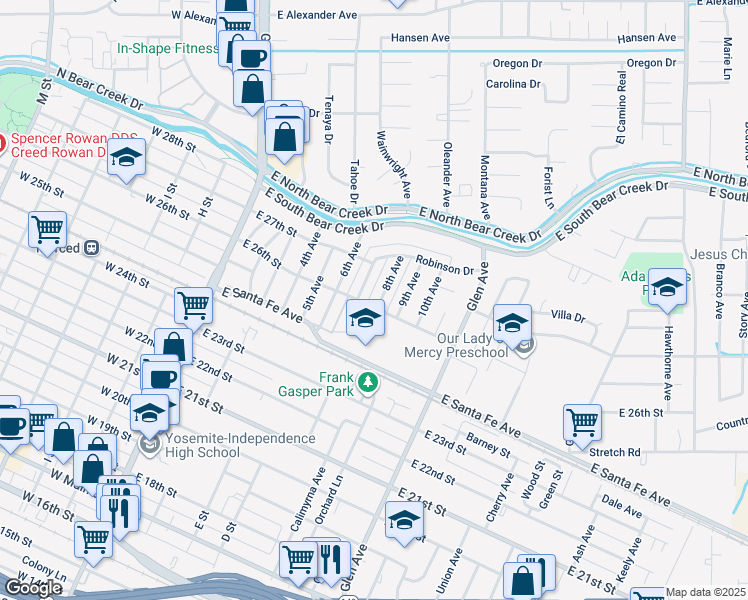 map of restaurants, bars, coffee shops, grocery stores, and more near 2601 8th Avenue in Merced
