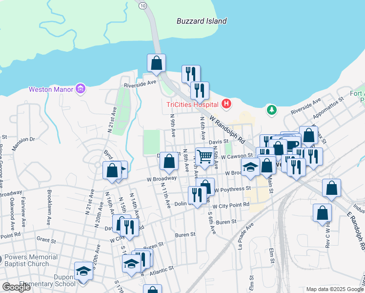 map of restaurants, bars, coffee shops, grocery stores, and more near 412 North 8th Avenue in Hopewell