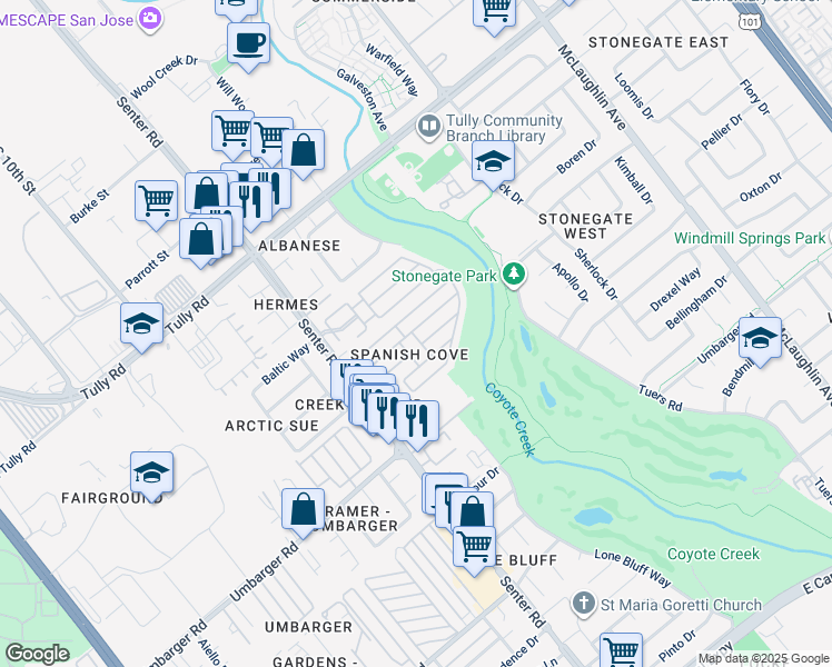 map of restaurants, bars, coffee shops, grocery stores, and more near 2600 Senter Road in San Jose