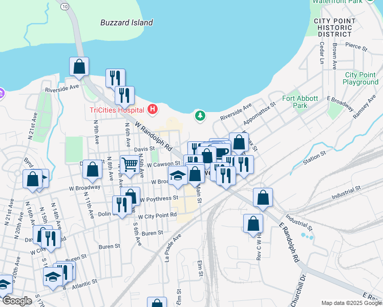 map of restaurants, bars, coffee shops, grocery stores, and more near in Hopewell