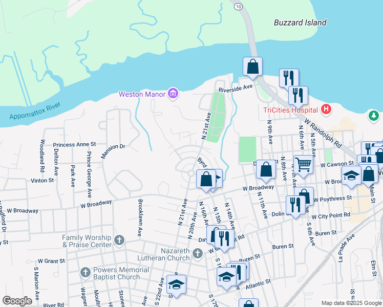 map of restaurants, bars, coffee shops, grocery stores, and more near 410 North 21st Avenue in Hopewell